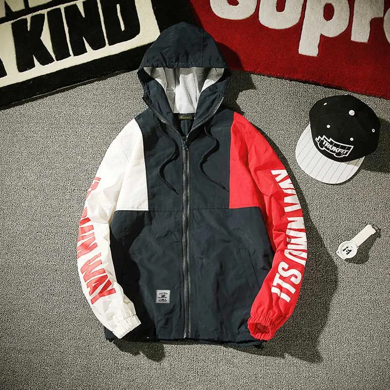 

2018 New Jacket Men's Spring and Autumn Fashion Color Matching Hat Casual Loose Jacket Jacket Young Student Trend RS-012