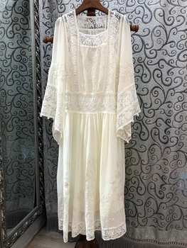 

Luxury Dress 2019 Spring Summer Fashion Women Allover Exquisite Embroidery Flare Sleeve Loose Elegant Dress Vestidos Novia Party