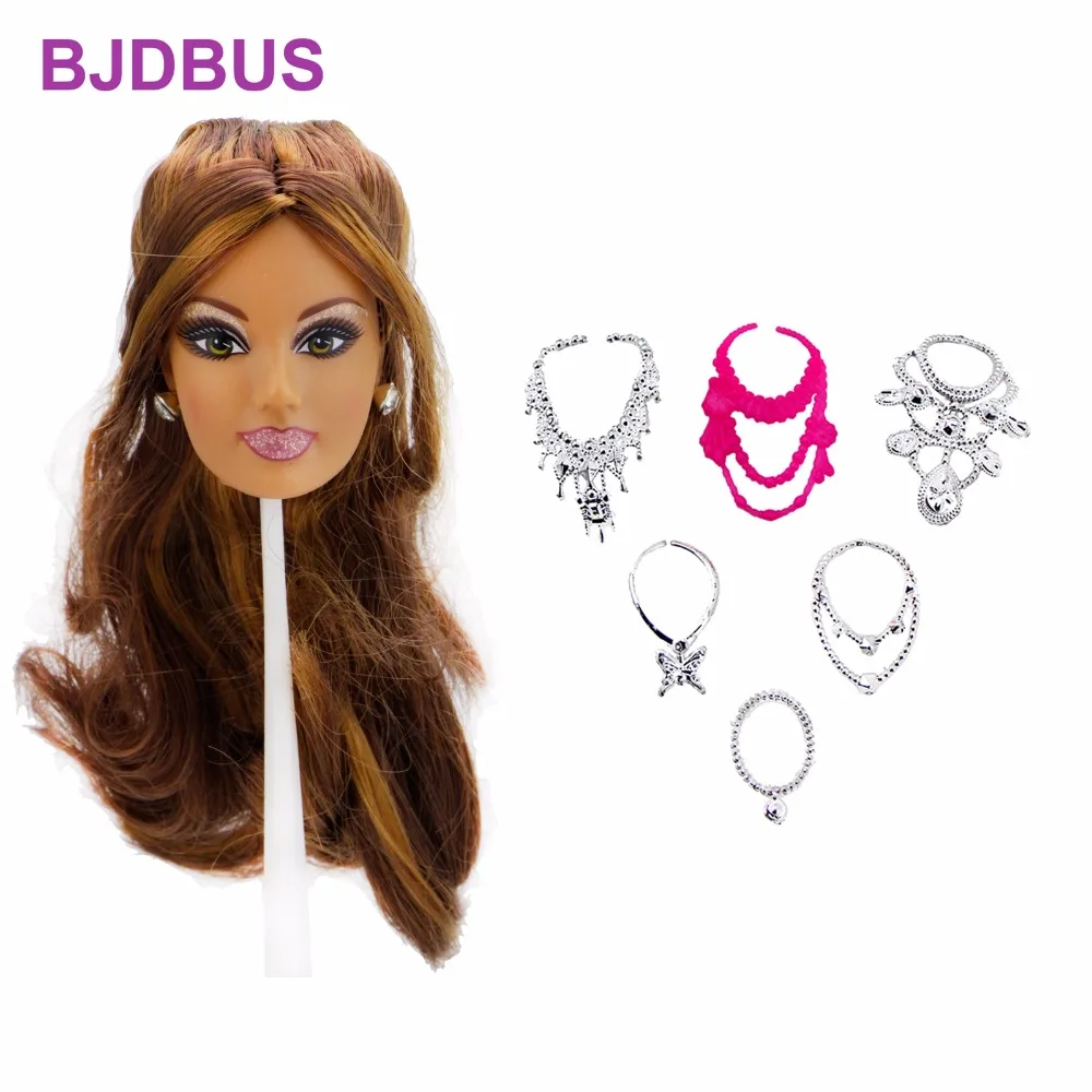 8 Pcs = 1x Fashion Style Doll Head With Curly Brown Hair + Random 6x Necklaces + 1x Earrings DIY