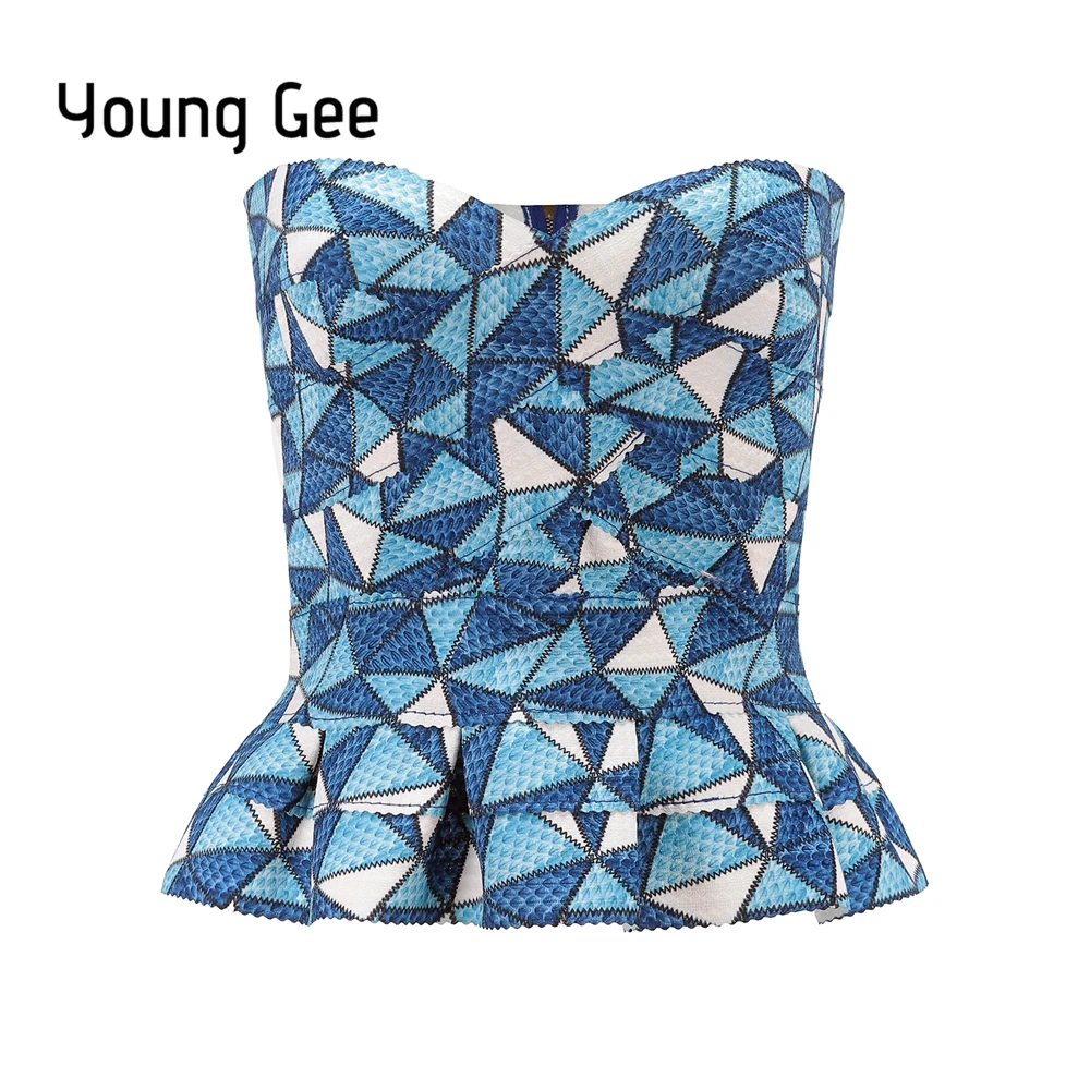 

YoungGee Ruffle Strapless Crop Top Bandage Summer Short Geometric Print Blusa Slim Camisole Tank Vest Female Cropped Tops Bustie