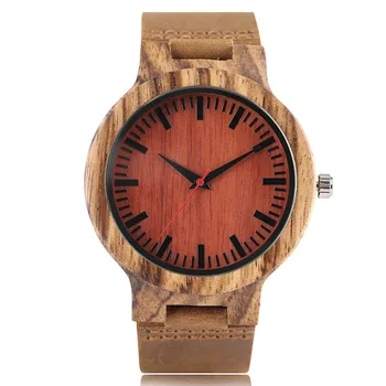 

Hand-made Natural Wooden Mens Quartz Wristwatch Red Unique Dial Genuine Leather Watchband Unique Stripe Case Simple Male Watch