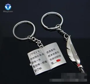 

1Pair Couple Keychain Book/Quill pen Key Ring Silver Plated Lovers Love Souvenirs Valentine's Day gift Metal Keychain Dropshop
