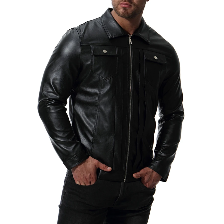  2019 New Fashion Mens Black PU Leather Jacket Loose Comfortable Men Fall and Winter Motorcycle Coat