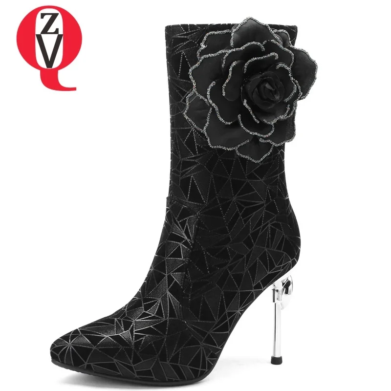 

ZVQ free shipping 2019 new fashion sexy party women shoes flower super high thin heels platform pointed toe zip mid calf boots