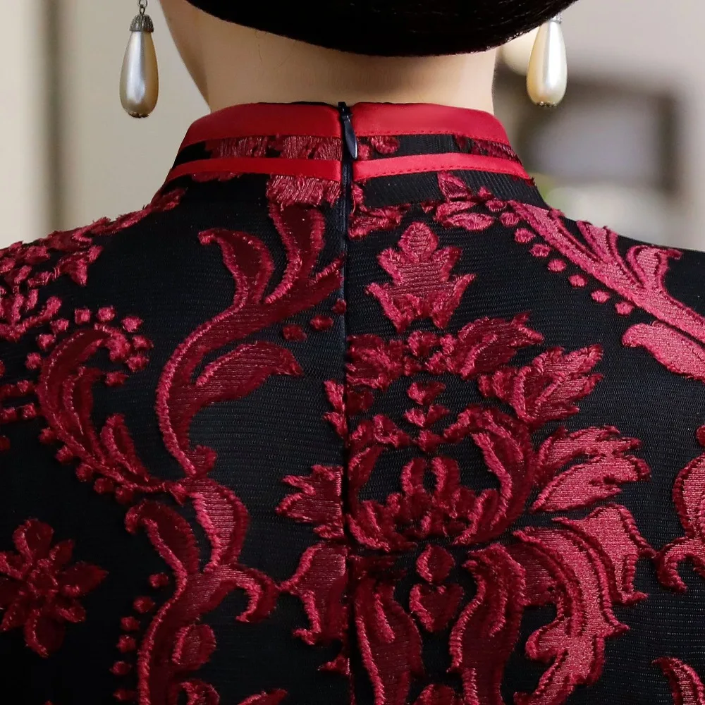 Черное кружевное китайское свадебное платье для женщин Cheongsam тонкое китайское традиционное платье женское длинное платье Ципао для свадебной вечеринки