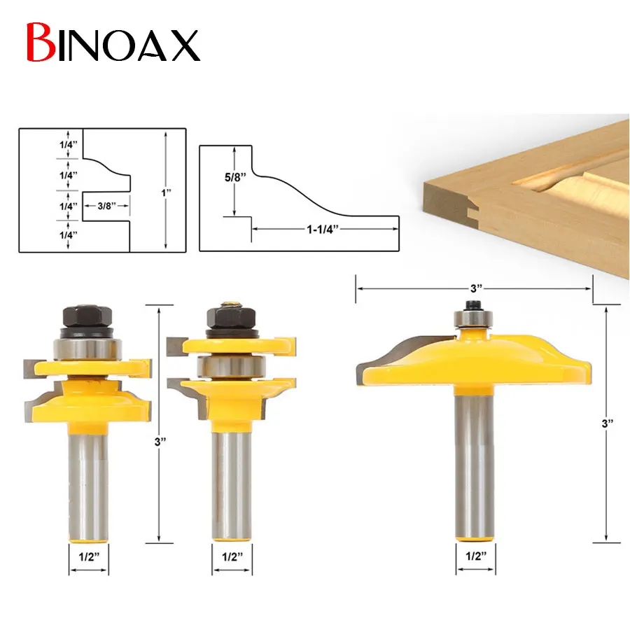 Binoax 3pcs 1/2'' Shank Door Panel Woodworking Cutter 