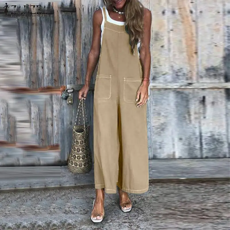 

2019 ZANZEA Summer Jumpsuits Women's Wide Leg Overalls Vintage Cotton Linen Rompers Female Strap Playsuits Pants Plus Size