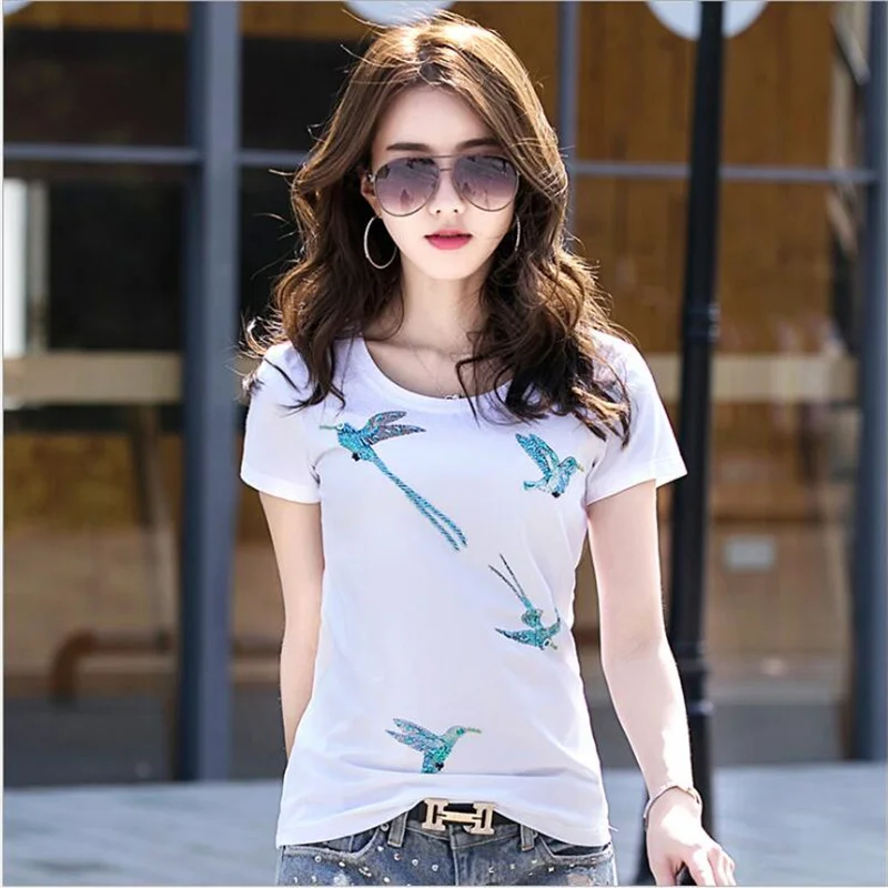 

KEQI Women Summer Novelty Birds Design T shirt vintage tops Hot Sales Tee Shirts 1731