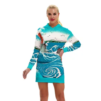 

New Women Long Hoodie Sweatshirt Dress 3D Printing Hooded Long Sleeve Pullover Hoodies Plus Size Fashion Female Autumn Hoodie