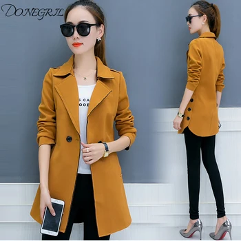 

2019 Spring Coat Female Casual Tops Pure Color High Quality Costume Plus Size Long Sleeves Medium Long Windbreaker Trench Coat