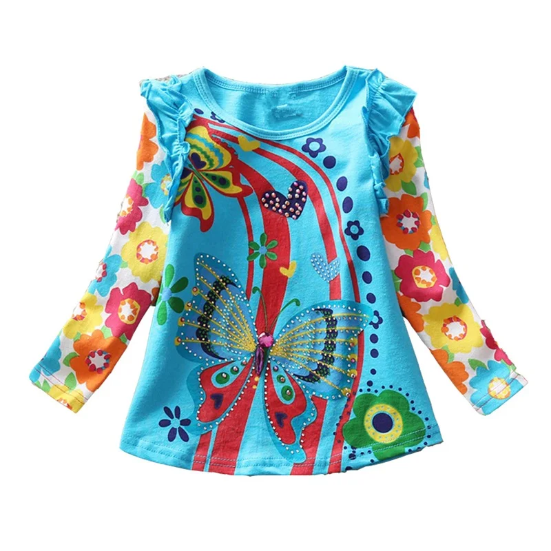 Dxton/футболка для девочек; детские блузки; одежда для маленьких девочек; топы для детей с цветочным принтом и бабочками; свитер для девочек; детская футболка; L3916BLUE - Цвет: REL3916BLUE