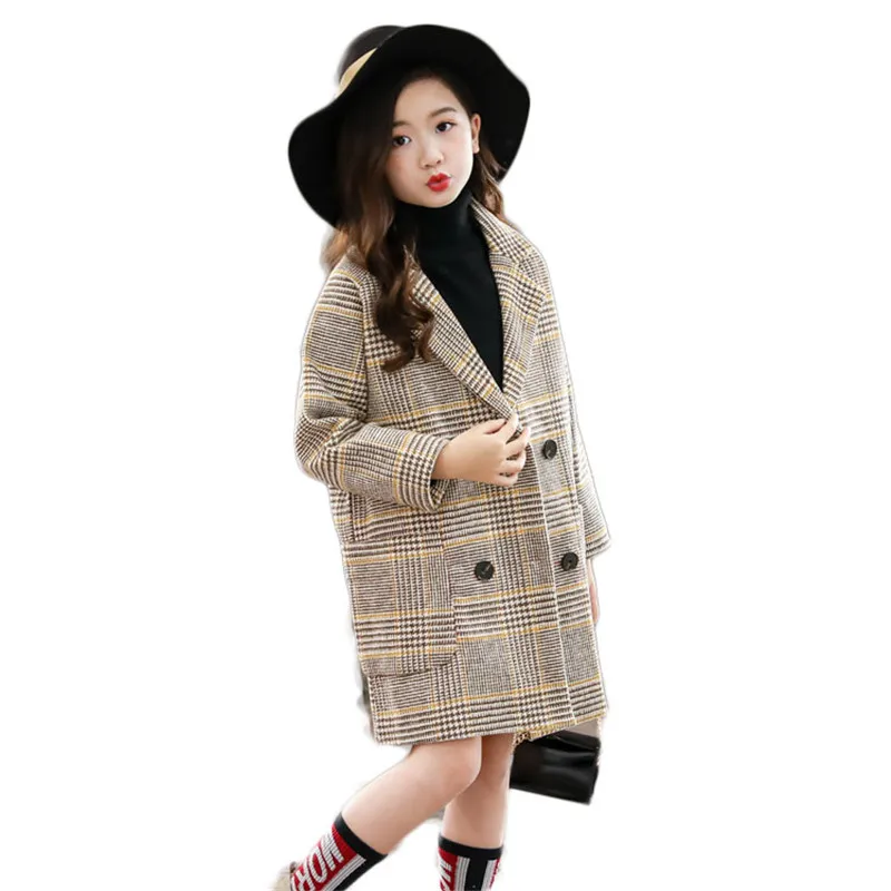 

New Autumn Winter Children Coats Girls Yellow Lattice Jackets Teenage Baby Woolen Outerwear Kids Clothes Girls Windbreaker G288