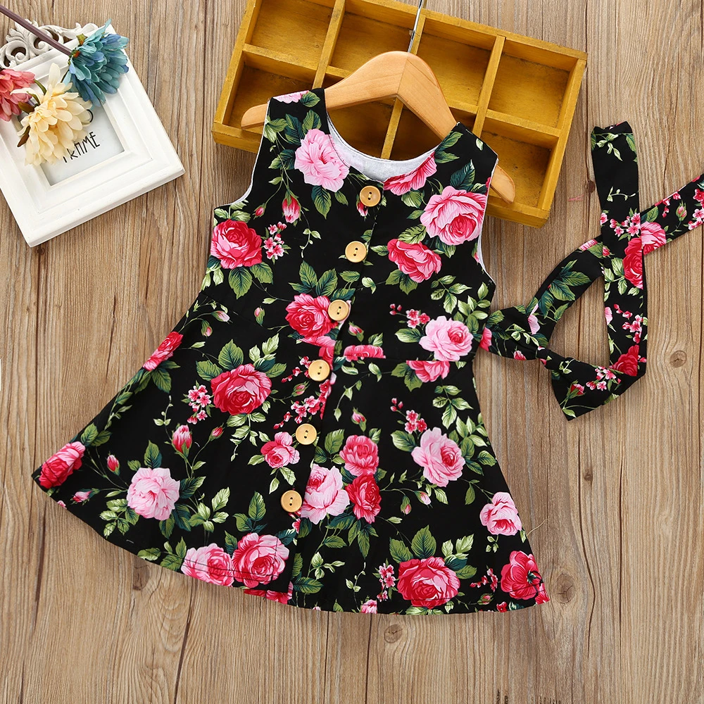 

Summer Kids Girls Sleeveless Dresses Rose Floral Print Dresses Cotton Baby Bohemia Dress Princess Costume Children Casual Dress