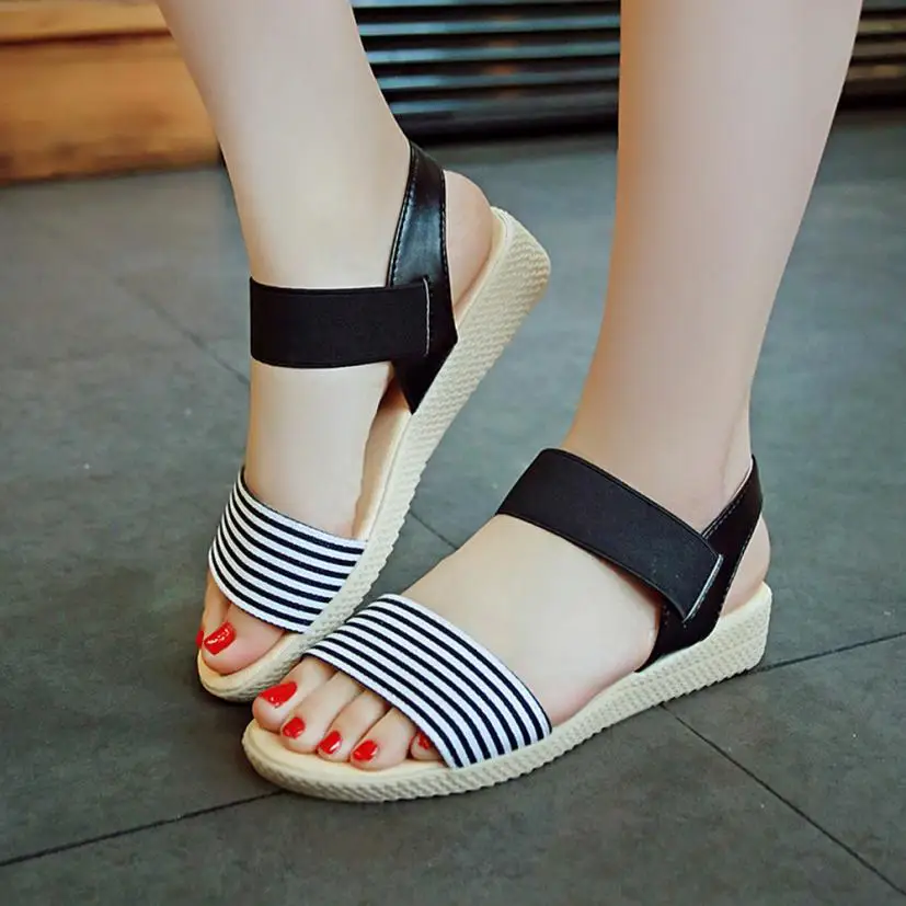 mokingtop sandals flat Shoes Summer  Women Fashion Women Stripe Flat Heel Anti Skidding Beach Shoes Sandals Slipper ##