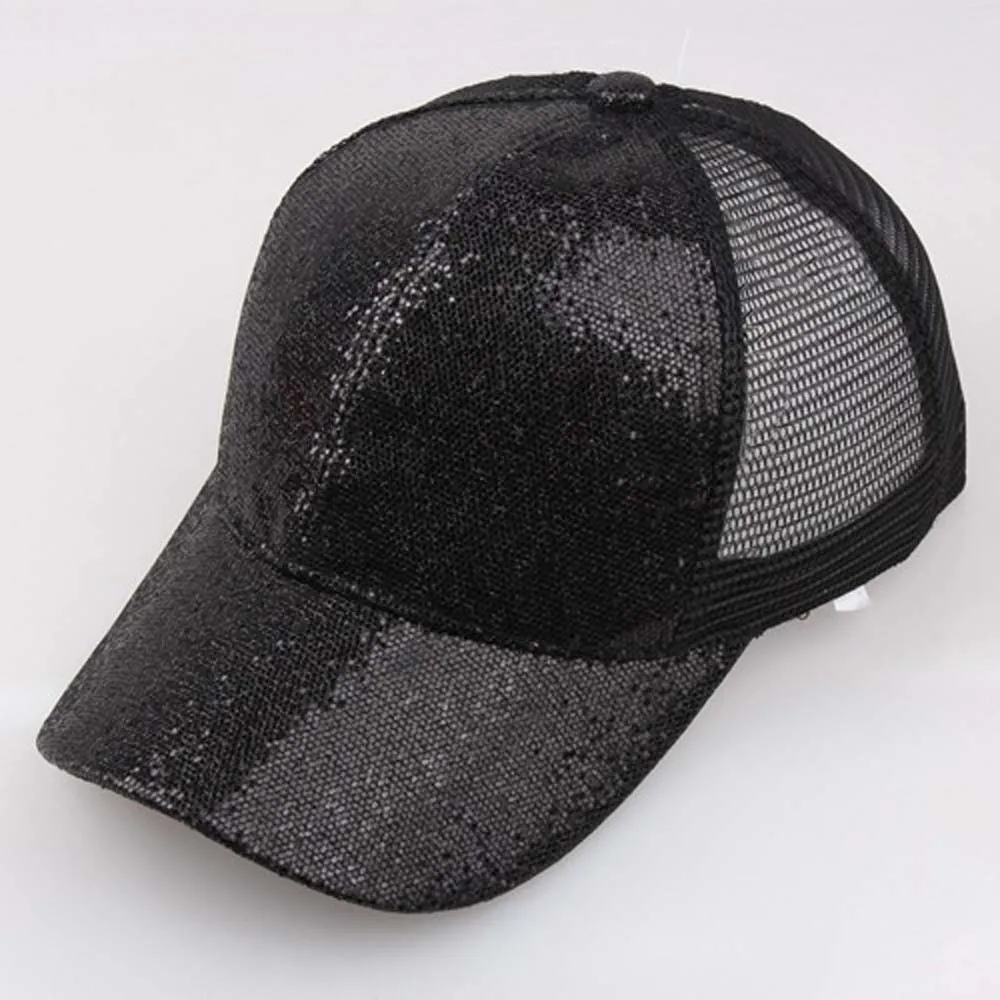 Glitter Ponytail Baseball Cap Unisex Sequins Shiny Hat Sun Caps Mesh Summer Hat Female Adjustable Hip Hop#Zer