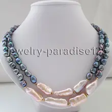 2 ряда 1"-18" 8-9 мм черный и 15-21 мм БАРОККО Кеши реборн пресноводный жемчуг ожерелье