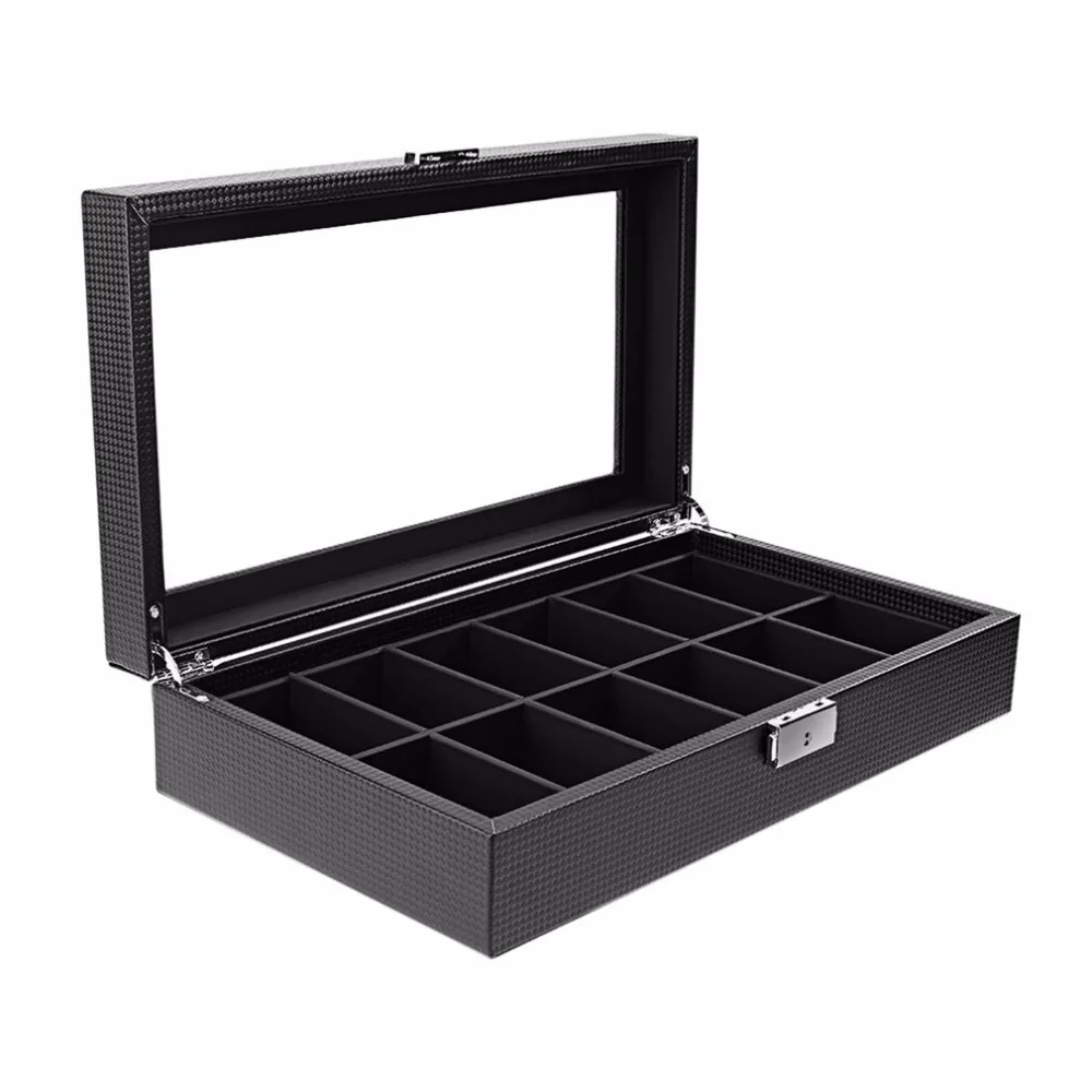 

High-Grade 12 Slots Carbon Fiber Design Jewelry Display Packaging Organizer Watch Box Storage Holder Container Display Black