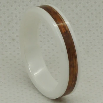 

natural shiny brown wood inlayed on slim 5mm white scratch proof ceramic ring