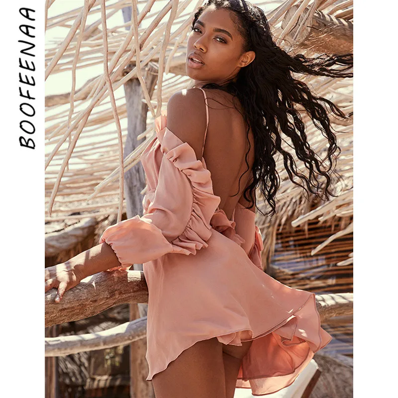 

BOOFEENAA Sexy Holiday Chiffon Dress Women Irregular Ruffles Deep V Backless Long Sleeve Mini Boho Beach Dress Pink Yellow C92AE