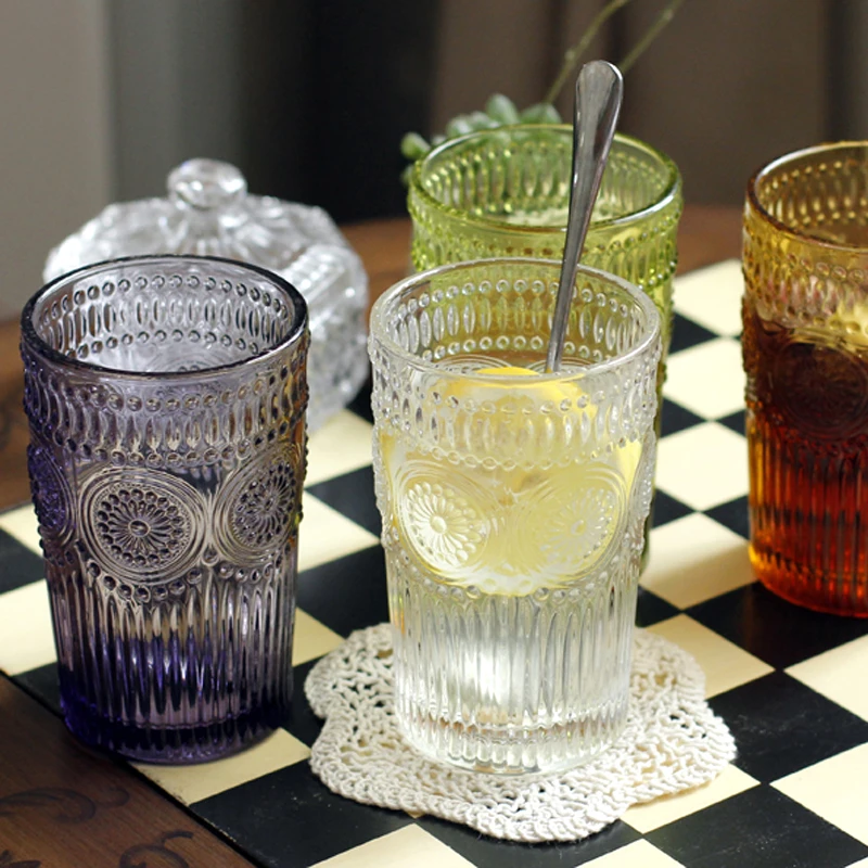 Colorful Class Cups European Style Beer Mug Glass 350ml Large Classic Class Juice Water Cup Embossed Sunflower Glassware Gift (14)