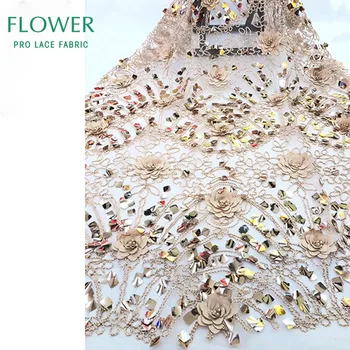 

2K20 3D Flower Applique Sequined Beaded Embroidered Mesh Tulle Lace Fabric Prom Dress French African Net Sequins Beads Mesh Lace