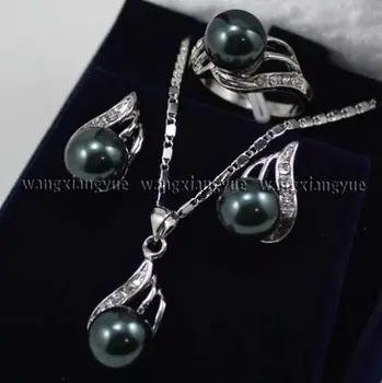 

Black South sea Shell Pearl Earrings Ring & Necklace Pendant Set AAA+ Top Grade Jewelry