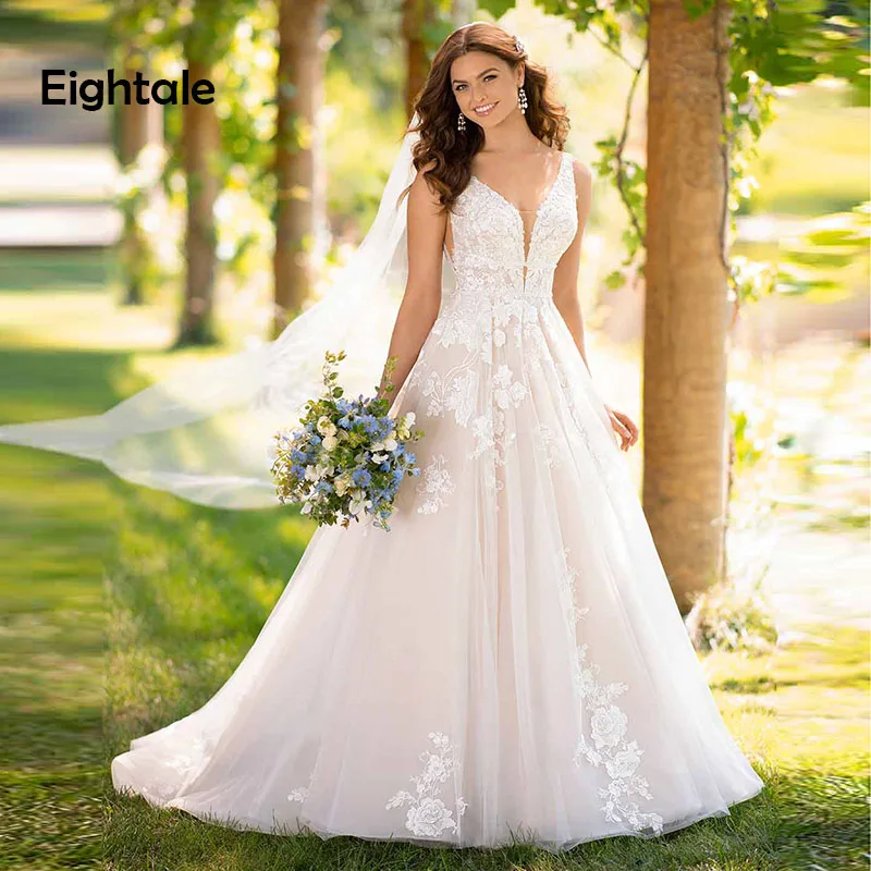 

Eightale Princess Wedding dress Boho V Neck Appliques Wedding Gowns A-Line Vintage Backless Lace Bride Dresses vestidos de noiva