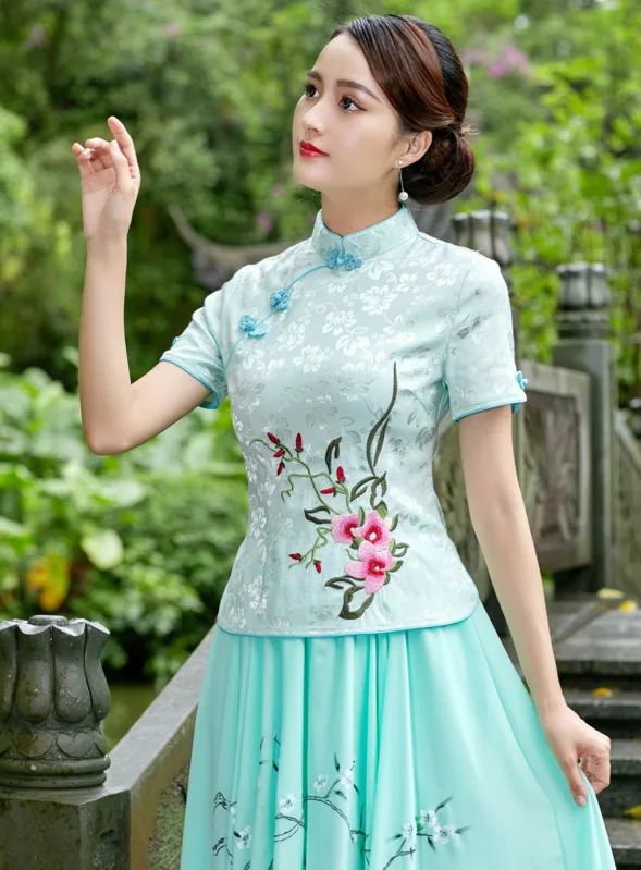 Sheng Coco 4XL жаккардовый хлопок Camisa Китай Mujer китайский стиль вышивка хлопок Cheongsam блузка для женщин Qipao рубашки красный розовый