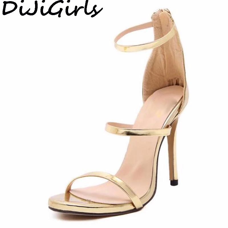 preço DiJiGirls mulheres new concise simples tiras dedo aberto com tira no tornozelo cortar sandálias mary jane stiletto bomba de salto alto de ouro prata