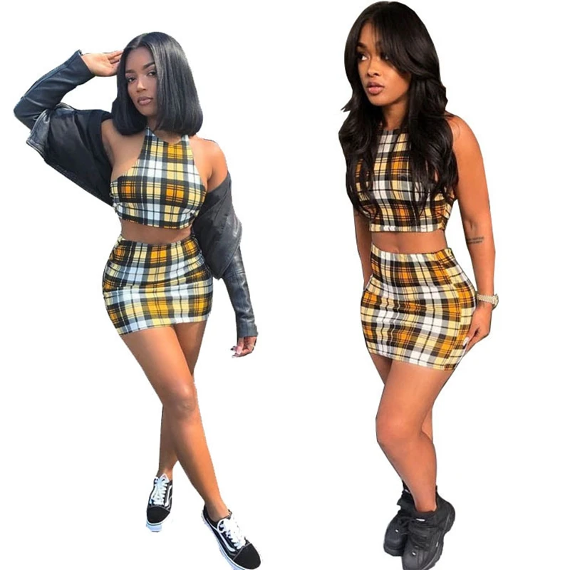 

Sexy Women Casual Two Piece Set Halter Fashion Crop Top Bralette And Skirt Yellow Plaid Suits Summer Female Party Clubwear