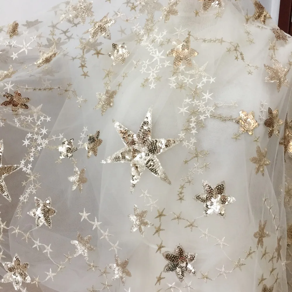 Высокое качество 3D золотые блестки Звезда вышивка кружевной ткани в шампанского тюль для коктейльного платья, платья, свадебная вуаль от кутюр