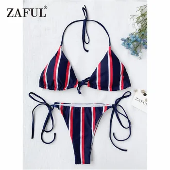 

ZAFUL 2019 Women New Striped Halter String Bikini Set Sexy Low Waisted String Halter Swimsuits Summer Beach Swimwear for Women