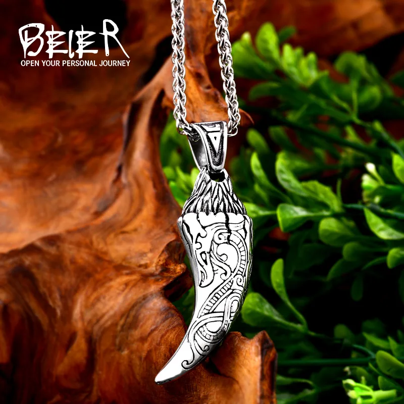 Beier 316L stainless steel Norse Viking Pendant Necklace Thor's Hammer Mjolnir Scandinavian Wolf amulet men jewelry LP395