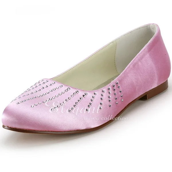 Woman Flats Shoes Elegant Pink Casual Shoes EP2028 Round Toe Rhinestone Satin Wedding Flats