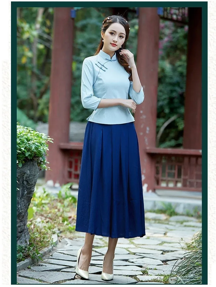 Китайская одежда женская кофточка Ципао рубашки Tangzhuang восстановление древних Cheongsam Льняные Топы Drak красный сплошной цвет Восточный Hanfu