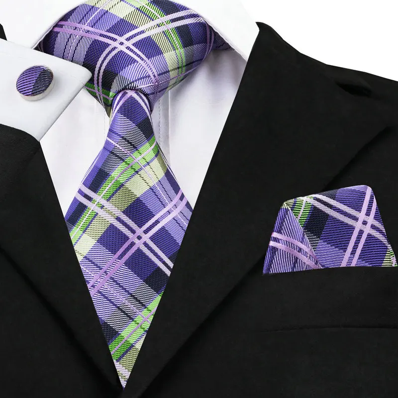 

SN-211 Blueviolet Plum Black Greenyellow Plaid Tie Hanky Cufflinks Sets Men's 100% Silk Ties for men Formal Wedding Party Groom