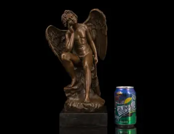 

15" Bronze Art Sculpture contemplate winged big boy Cupid statue marble base