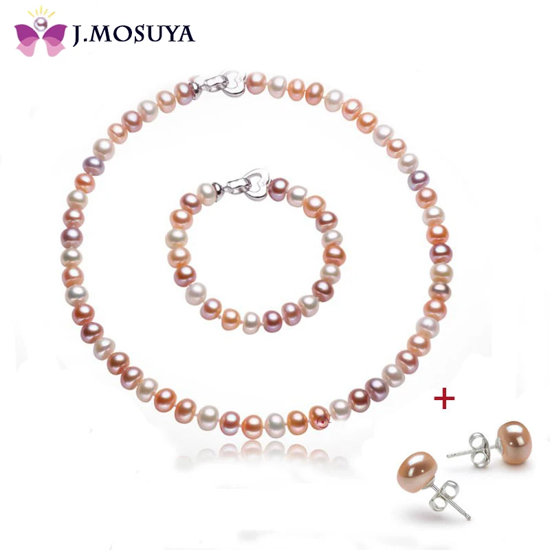 J MOSUYA 8 9 mm Natural Pearl Jewelry Set For Women Christmas Gift Color Freshwater Pearl