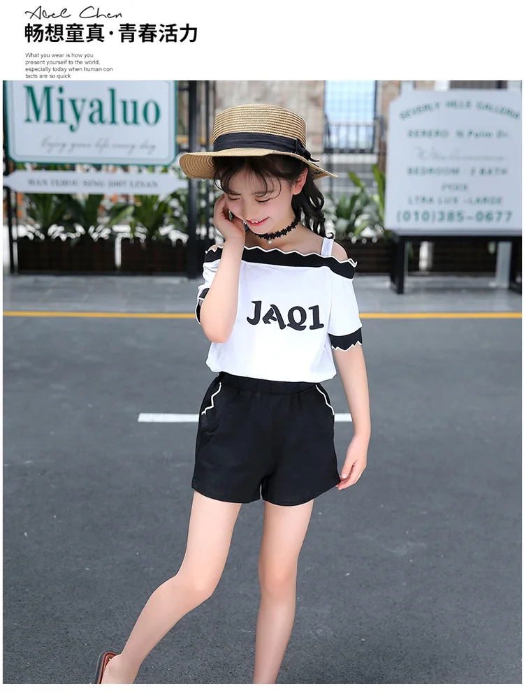 Cute Casual Teenage Clothes For Girls Clothing Sets 2019 Summer Children Shoulderless Letter Tshirt Tops Shorts 2Pcs Kids Suit (14)
