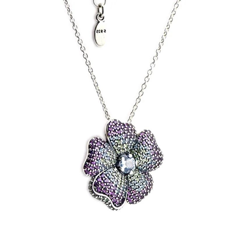 

100% 925 Sterling Silver Pendant Necklaces Glorious Bloom Multi Colored Stone Necklace for Women Gift Collier Femme PFN063