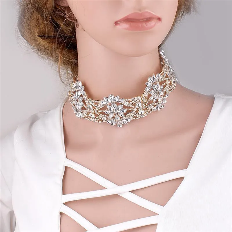 Trendy Flower Wide Choker Necklace Women Crystal Rhinestone Bridal
