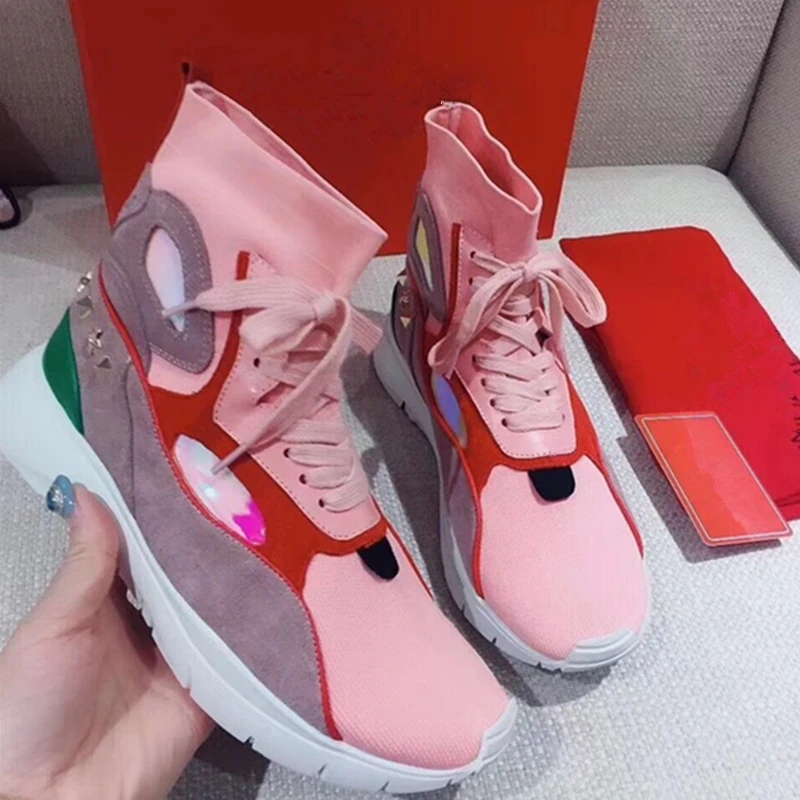 

High Top Air Mesh Patcheork Women Sneakers Runaway Lace Up Casual Shoes Platform Creepers Female Casual Flat Ladies Shoes 2018