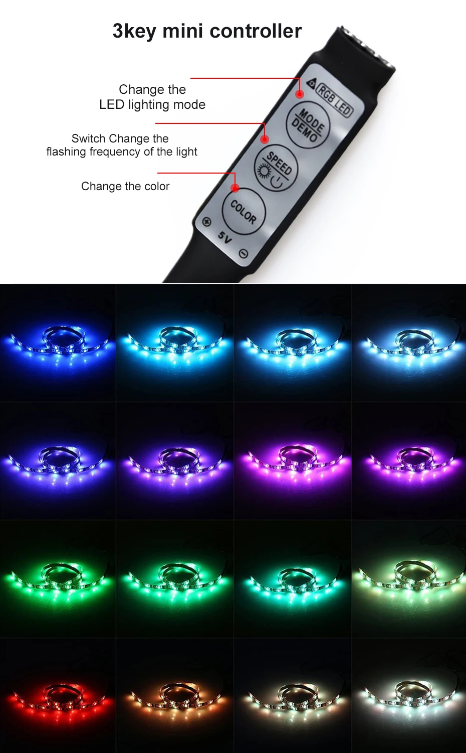 USB Светодиодная лента DC5V 5050 RGB, цветная, 50 см, 1 м, 2 м, настольная лампа, лента для домашнего ТВ, фоновое освещение, водонепроницаемая, с 3 кнопками управления