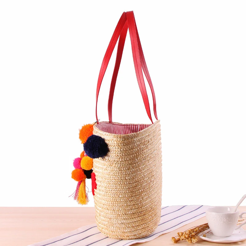 LUKATU плетеная Сумка из ротанга с красочным помпоном летняя роскошная дизайнерская Большая вместительная Пляжная сумка для женщин сумочки ручной работы Bolsa Feminina