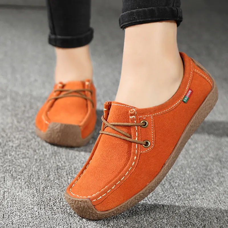 Женская обувь на плоской подошве; лоферы из натуральной кожи; повседневная обувь; женские мокасины для вождения; Femme; оксфорды на шнуровке; Chaussure Femme; Размеры 35-42 - Цвет: Orange