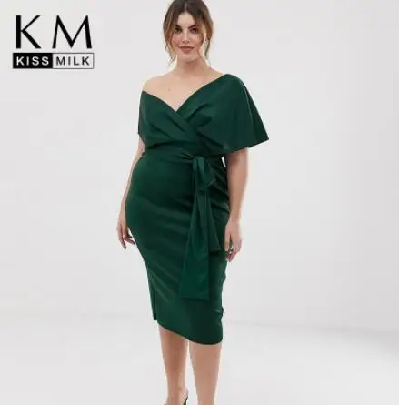 

Kissmilk 2019 New Arrival Solid Color Strapless Cross Type V-neck Waist Tie Back Split Elegant Medium And Long Section Dress