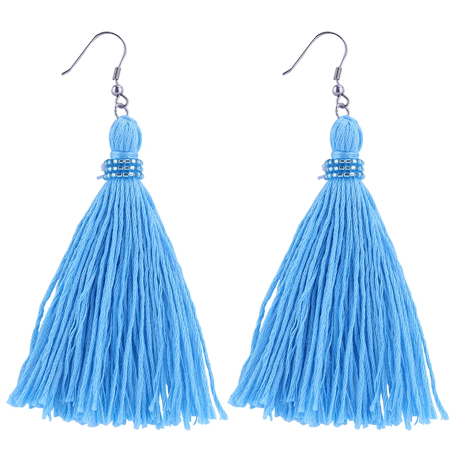 

Boho Silk Tassel Earrings Statement Dangle Earring Bead String Handmade Fashion Summer Gift for Women Girl Blue Red Purple Gray