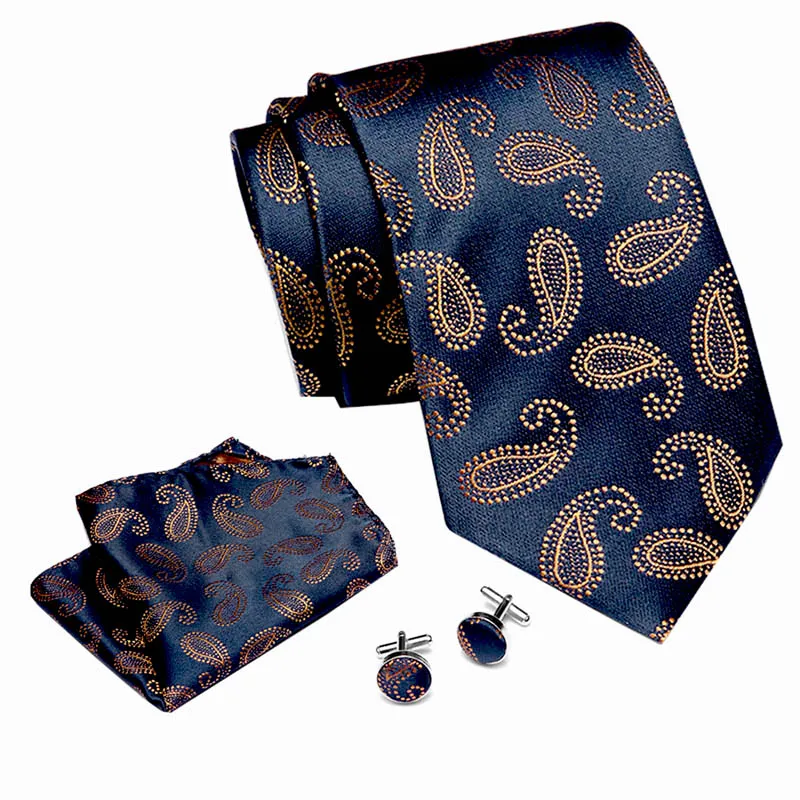 Мужские галстуки Роскошные Пейсли синий шелковый галстук с носовой платок Набор запонки Buisness жаккардовый тканый галстук на шею