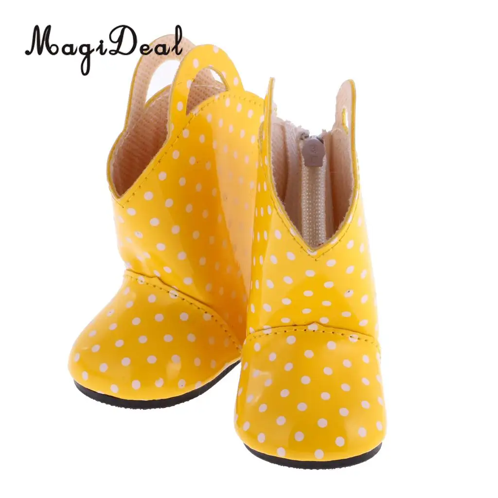 MagiDeal 1 Pair PU Leather Yellow Dots Zipper Back Boots Shoes for 18 Inch   Dolls Baby Outdoor Rain Wear Accs