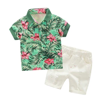 

Hot T-shirts +Shorts Baby Boy Clothing Set Shirt Lapel Print Shirt T-shirt + White Hole Jeans Set Fashion Baby Set Boys Clothes